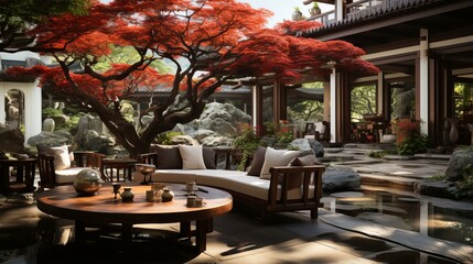 Fototapeta premium b'Courtyard with a red maple tree and a round table with a wooden table and a wooden bench'