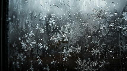 b'Ice and snow patterns on the window glass with raindrops'