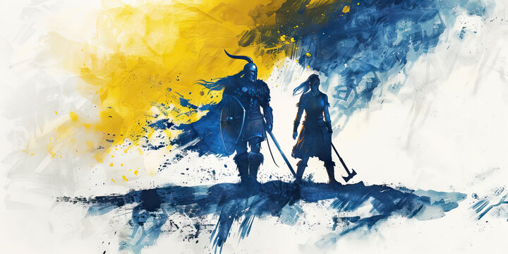  Swedish Flag with a Viking Warrior and a Environmental Activist - Imagine the Swedish flag with a Viking warrior representing Sweden's Viking heritage and an environmental activist