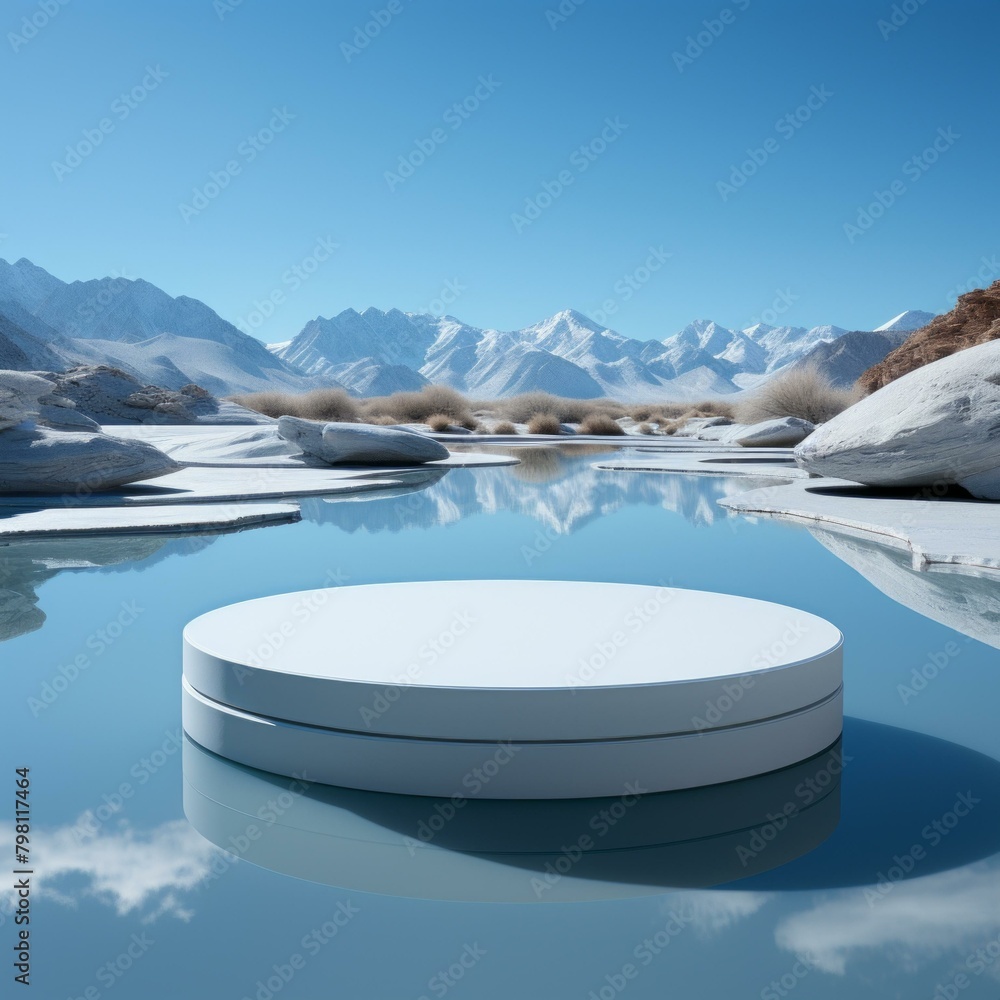 Poster b'3d rendering of a white podium floating on a frozen lake surrounded by snow capped mountains'