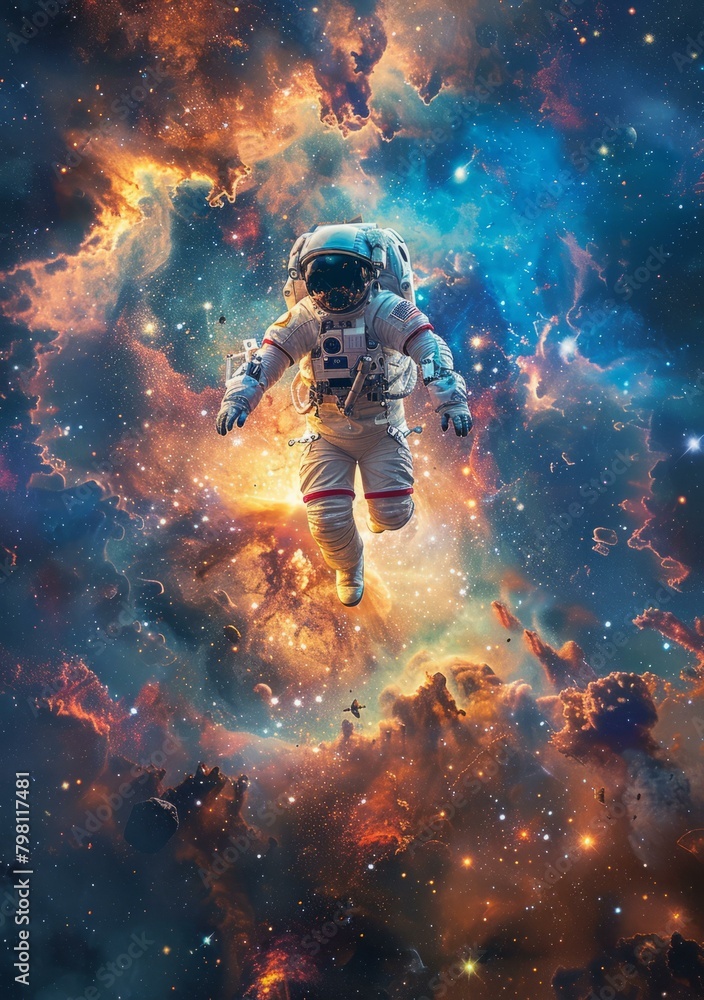 Poster b'an astronaut in a spacesuit floating in the vastness of space'