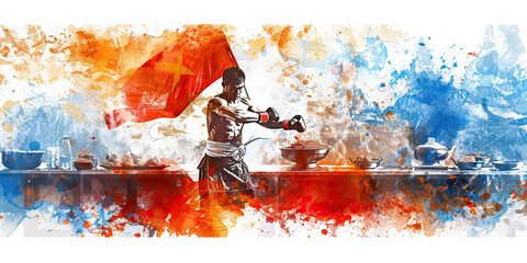 Thai Flag with a Muay Thai Fighter and a Street Food Vendor - Visualize the Thai flag with a Muay Thai fighter representing Thailand's national sport and a street food vendor