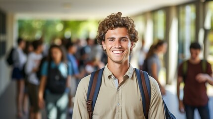 b'Portrait of a smiling young male college student with curly hair wearing a backpack in a school hallway'