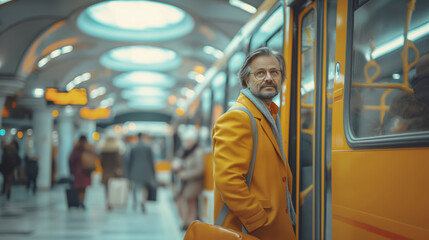 Stylish man in yellow coat waits by subway train, urban life and travel, thoughtful expression amidst rush