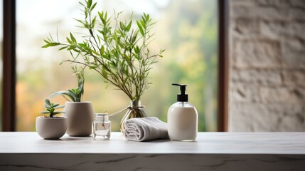 b'A collection of plants and a bottle of soap on a marble table'