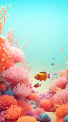 3d Underwater world vertical wallpaper with fish, plants, corals and algae. Sea banner or background for smartphone screen.