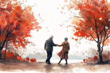 Illustration of a senior couple dancing in the park in the fall - 798117649