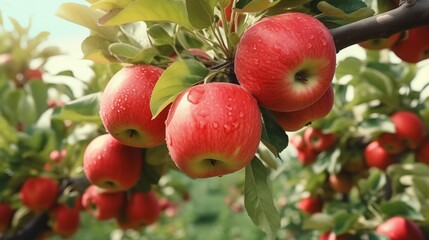 Bunch of fresh ripe apple hanging on a tree in apple garden.