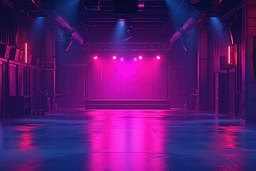 Empty neon club stage entertainment architecture illuminated.