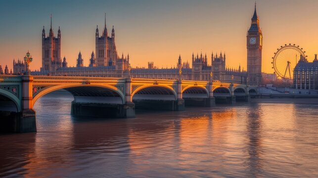 b'London cityscape with the Palace of Westminster and the London Eye at sunset'