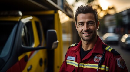 b'Portrait of a smiling male paramedic in uniform standing in front of an ambulance'