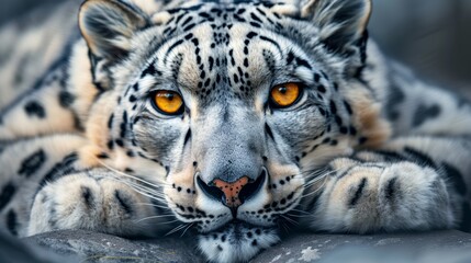 Snow Leopard with piercing eyes on a blurred yellow background