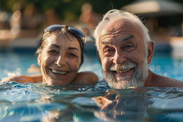 A senior couple enjoying their retirement in a pool - 798118811