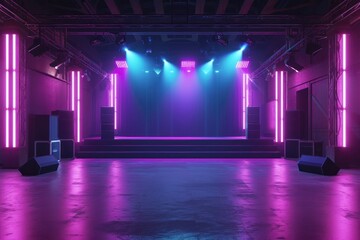 Empty neon concert stage lighting entertainment architecture.