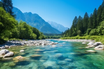 b'A beautiful mountain river landscape with green trees and blue sky'