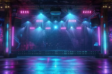 Empty neon concert stage spotlight entertainment architecture. - obrazy, fototapety, plakaty