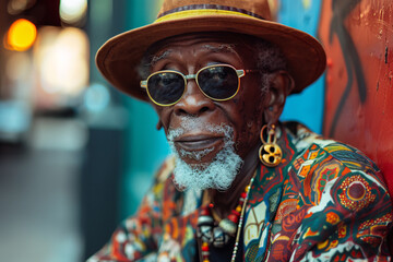 A stylish black senior man wearing sunglasses, a hat and gold jewelry