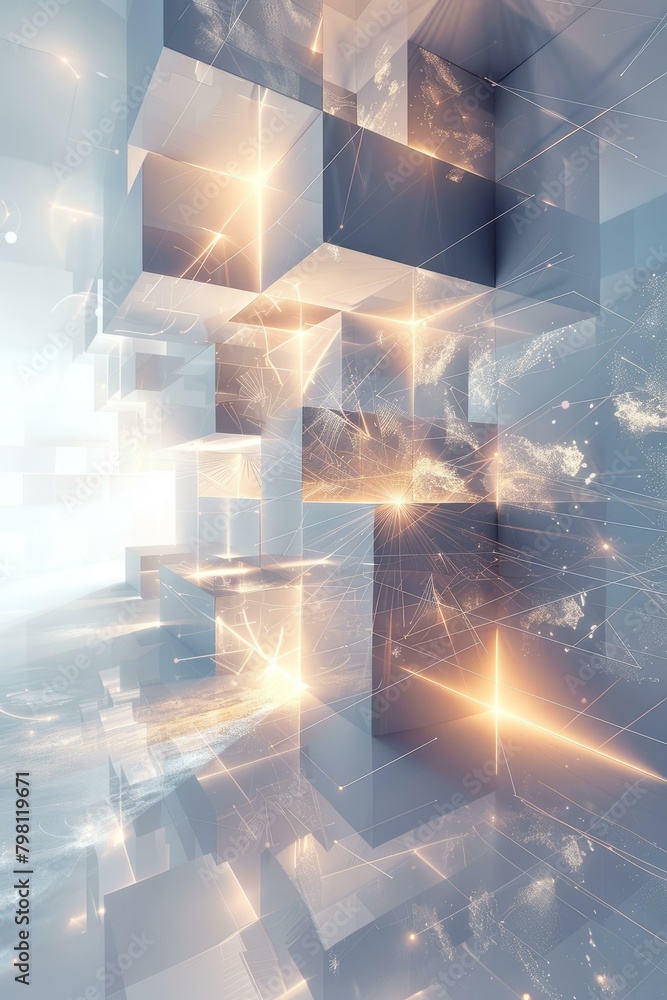 Poster b'abstract 3d rendering of glowing cubes and particles'