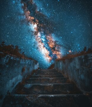 b'Amazing view of the night sky full of stars with a flight of stairs leading up to it'