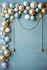 b'Christmas ornaments on blue wooden background'