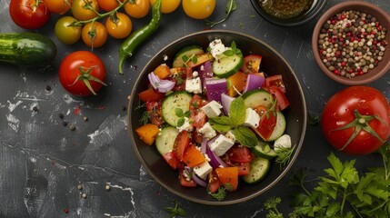 Greek salad - fresh vegetables with feta cheese Top view