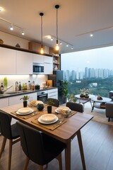 Fototapeta premium b'An illustration of a dining room with a view of the city'