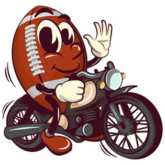 american football cartoon vector isolated clip art illustration mascot riding a big motorcycle, vector work of hand drawn