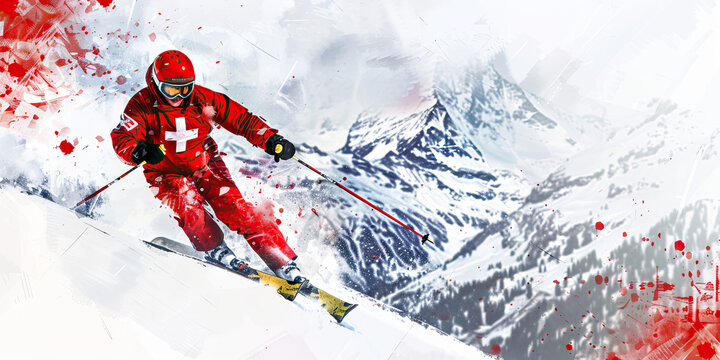 Swiss Flag with a Watchmaker and a Skier - Visualize the Swiss flag with a watchmaker representing Switzerland's precision and craftsmanship in watchmaking