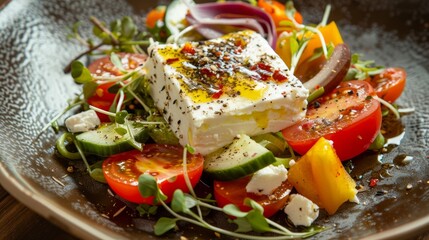 Greek salad - fresh vegetables with feta cheese Top view