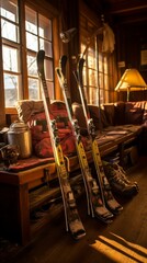b'skis and ski boots in a cozy cabin'