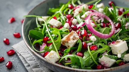 salad with arugula, feta cheese, red onion and pomegranate seeds