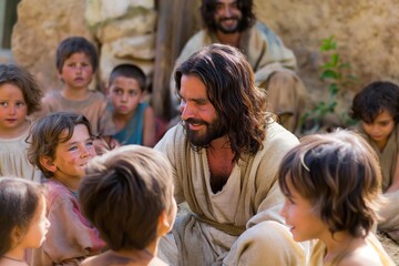 Jesus among children, talking to children, Loving and caring biblical scene