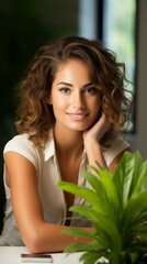 Fototapeta premium b'Beautiful young woman with curly brown hair smiling and sitting next to a green plant'