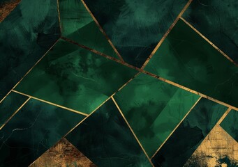 Abstract art geometric pattern featuring emerald green and gold colors, with angular shapes and textured textures for an elegant design.