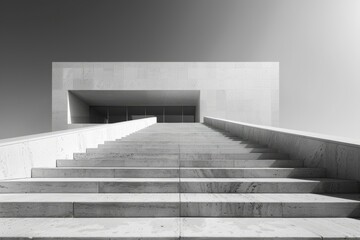 b'Black and white photo of an architectural structure with a staircase leading up to it'