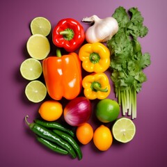 b'Various fresh vegetables and spices on purple background'