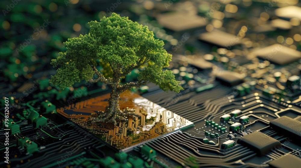 Poster the bottom angle view of the growing green tree on the cpu on the land of the greenish mainboard and