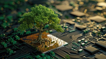 The bottom angle view of the growing green tree on the cpu on the land of the greenish mainboard and yellowish circuits of the motherboard that seem so large and make the tree looks so small. AIGX03.