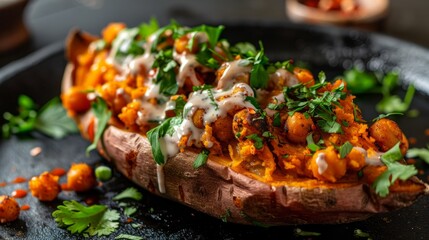Baked stuffed sweet potatoes with chickpeas, sauce and greens