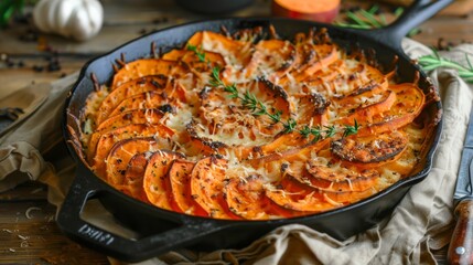 Baked sweet potatoes with parmesan in a pan