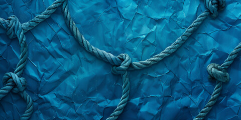 Close-up of the texture of a thick blue rope with blue ground cover layout 