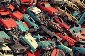 A pile of old cars stacked on top of each other. Suitable for automotive industry concepts