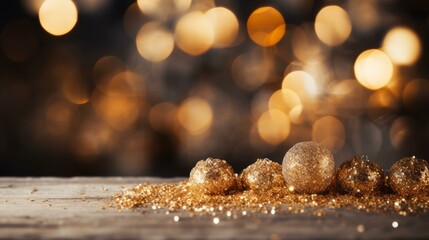 b'Golden Christmas ornaments on a wooden table with a blurred background of golden lights'