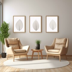 b'Three framed leaf prints above two brown leather chairs in a living room'