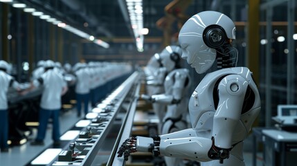 A humanoid robot working on an assembly line with human workers in the background, symbolizing collaboration between humans and AI technology 
