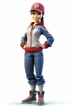 b'A female athlete wearing a red cap and blue and white tracksuit'