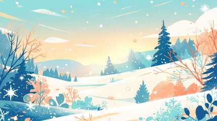 Celebrate a Merry Christmas with a stunning winter landscape featuring a palette of soft colors and elegant typography on a beautifully designed banner This 2d illustration serves as the per