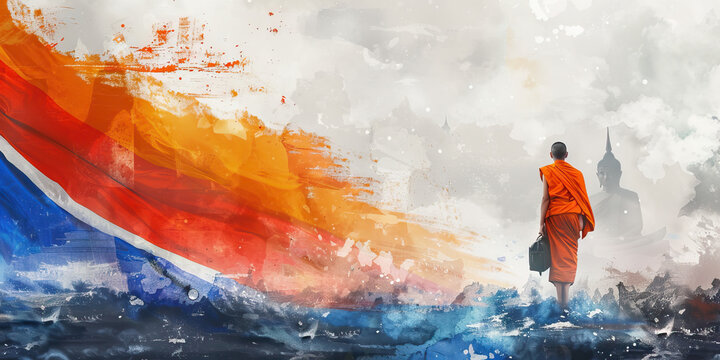 Thai Flag with a Buddhist Monk and a Tour Guide - Visualize the Thai flag with a Buddhist monk representing Thailand's predominant religion and culture, and a tour guide
