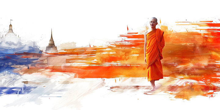 Thai Flag with a Buddhist Monk and a Tour Guide - Visualize the Thai flag with a Buddhist monk representing Thailand's predominant religion and culture, and a tour guide