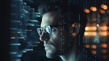 Data reflecting on eyeglasses on man's face. Computrer programmer big data and ux designer concept.